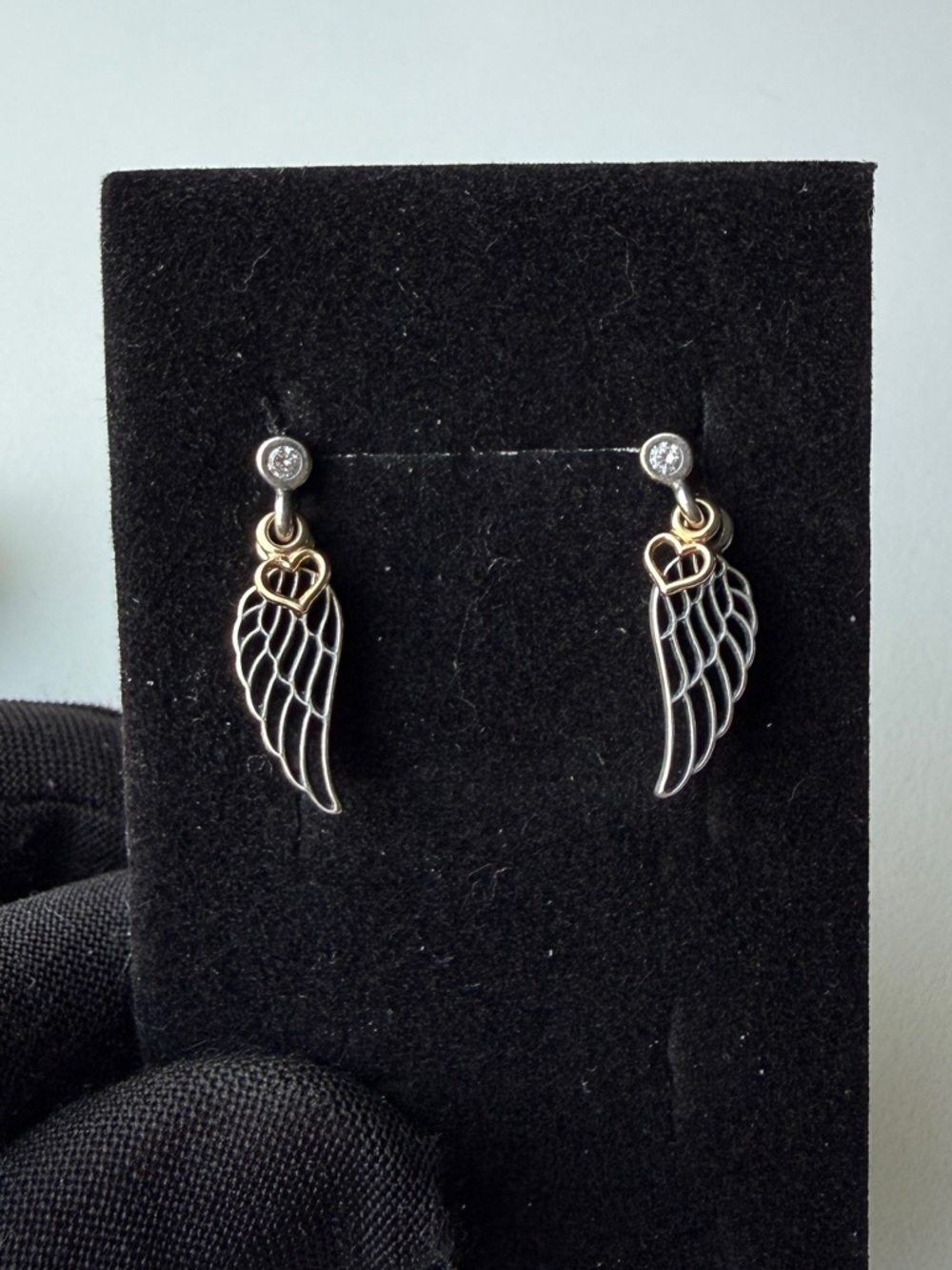 Sterling Silver Wing Drop Earrings with 14k Gold Heart Accent